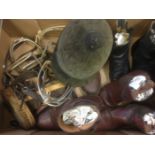 A Vintage riding hat,pair of riding boots (3) jodhpurs & Chelsea styles brow bands, chin strap etc..