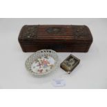An oak washed silk lined box, possibly, latterly used as a brush/pencil box,