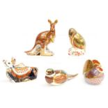 Five boxed Royal Crown Derby paperweights to include Cockerel, Kingfisher,
