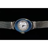 A 9ct white gold guilloche enamel and diamond set Art Deco watch on a 9ct white gold mesh link