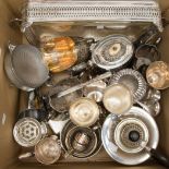 A box of plated items including tea services, coasters, sugar sifter,