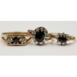 Three sapphire and white stone set 9ct gold dress rings,