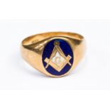 A blue and white enamelled Masonic 18ct yellow gold gentlemen's ring, size R, gross weight approx 7.