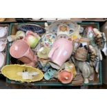 A box of ceramics to include figure vase, jug, teapots,