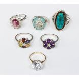 A 9ct dress ring set cubic zirconia and five further dress rings including amethyst cluster,