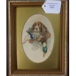 After Arthur Wardle (1864-1949) a Spaniel retrieving the shoot for his master, oval watercolour,