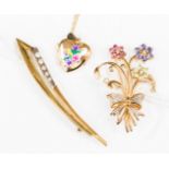 A 9ct gold floral spray brooch set with peridot, sapphire blue stones and pink stones, gross 5.