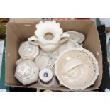 A box of Royal Creamware: mostly reticulated pieces