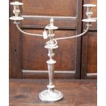 A George III style silver plated two branch candelabra, the centre with a removable finial,
