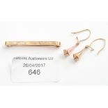 A 9ct. bar brooch approx 2.2 gms, a pair of rose metal wire earrings 0.