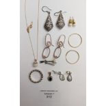 A collection of silver and 9ct gold earrings, ring and pendants, including Pandora,