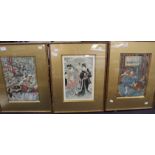 Three 19th-century Japanese Ukiyo-e woodblock prints, two depicting battle scenes,