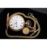 A gold plated gentlemen's pocket watch retailed by Thomas Russell of Liverpool with white enamel