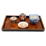 A Japanese 1920s lacquer tray, together with a pearl ware,