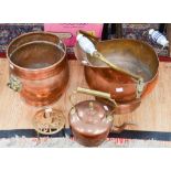 A 19th Century copper kettle and trivet,m a coal scuttle and a bucket,