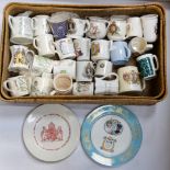 A basket of assorted Commemorative ware including mugs, plates,