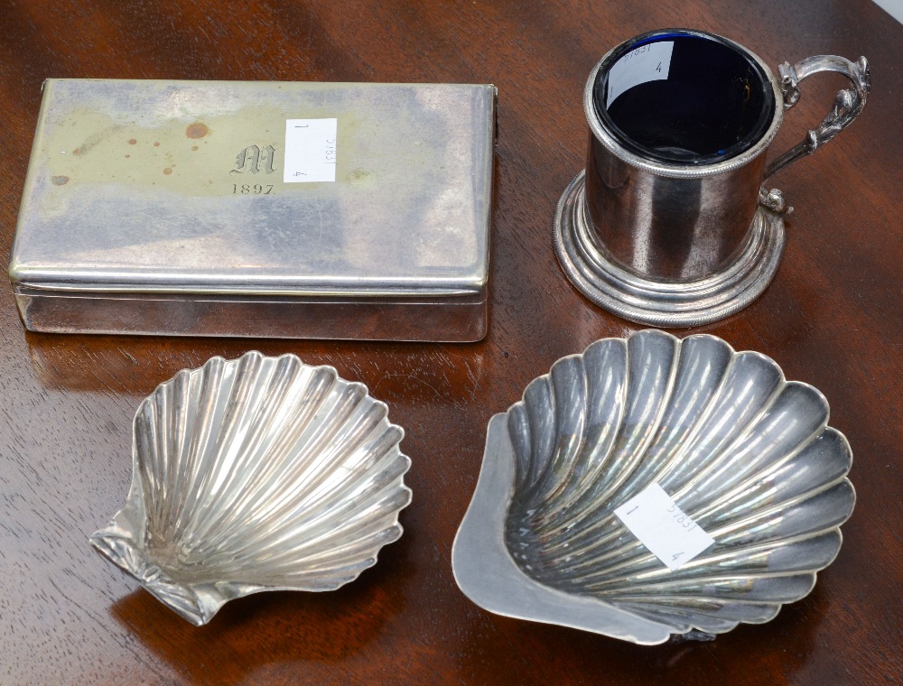 A shell shaped butler, silver dish London 1869, a plated sandwich box 1897,