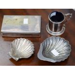 A shell shaped butler, silver dish London 1869, a plated sandwich box 1897,