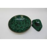 A malachite circular bowl with brass rim; together with a malachite pin tray,