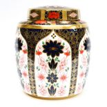 A Crown Derby large solid gold band ginger jar old Imari with cover and box. Pattern number 1128.