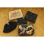 A collection of evening bags to a black early 1950s bag with leaf embossing,