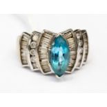 A blue topaz and white stone 9ct white gold cocktail ring,