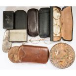 Rolled gold framed vintage spectacles, with cases, a silver plated case, a snuff box, treen, etc,