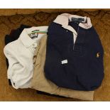A collection of Weekend Offender Polo shirts, two white Polo shirts by Ralph Lauren,