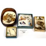 Dress studs, mother of pearl and gilt metal, Commemorative medallions and brooch,