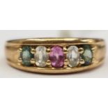 A 9ct gold ring, retailed, Elizabeth Duke Bround, set with coloured stones, size P½,