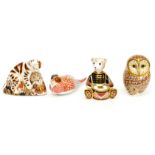 A collection of Royal Crown Derby paperweights including boxed Bengal Tiger Cub with gold stopper,