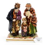 A Vienna porcelain figure group of a pauper family, underglaze blue mark,