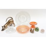 Carnival glass paperweights and resin figures of a cat and a hare (8)