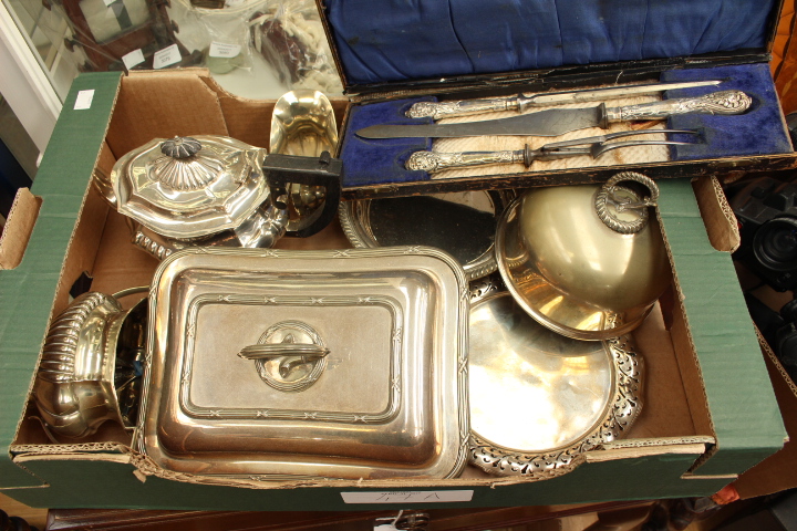 A collection of assorted silver plated ware comprising of tureen, muffin dish, tea service,