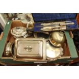 A collection of assorted silver plated ware comprising of tureen, muffin dish, tea service,