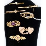 A 9ct gold Mizpah brooch, a 9ct seed pearl and stone bar brooch,