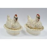 Pair of small Staffordshire White & Gilt Hens on Nests, circa 1890. Size 12cm high x 12cm diam.