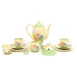 A Clarice Cliff Spring Crocus coffee set for two, Royal Staffordshire (gold stamp),
