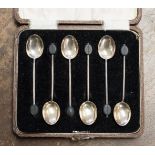 A cased set of six silver coffee bean spoons, Birmingham 1925,