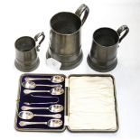 Three glass bottomed graduated pewter tankards, all inscribed 'Droit et Loyal',