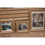 Five gilt framed pictures, including oils, watercolour of Dumbarton Bridge, still life,