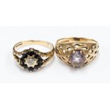 Two 9ct gold rings, gem set,