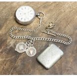 Aaronson silver cased fob watch with fob chain and two sport related fobs,