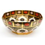 A boxed large Royal Crown Derby Old Imari 1128 pattern octagonal bowl,