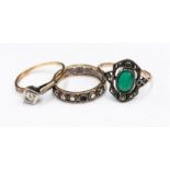 An 18ct gold and diamond ring, size L; together with green stone and marcasite Art Deco ring,