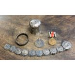 Silver items including a cylindrical silver box (a/f), maker Crisford & Norris, Birmingham 1903,