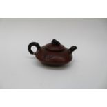 A Chinese purple sand teapot, bamboo style, handle and spout, Dog of Foe, finial to cover,