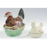 Two small Continental Hens on Nests. Coloured example is 10cm high x 11 cm in diam.