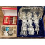 Box of coins, EPNS boxed egg cup set,