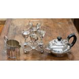 A Mappin & Webb EPNS egg cup holder/stand including egg cups and tea spoons,